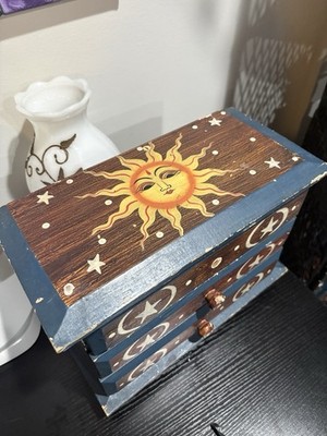 Wooden Celestial Vintage Sun Moon Stars Jewelry Box w/ Drawers