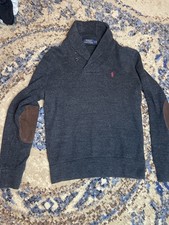 Polo Ralph Lauren Sweater Mens Small Gray Shawl Neck Collar Knit Elbow Pads Pony