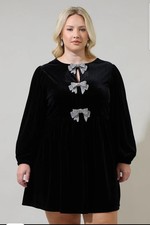 Sugarlips Women's Curve Black Velvet Glow Bow Front Puffed Sleeve Dress Size 1X