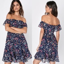Lulus My Favorite Navy Blue Floral Print Off-the-Shoulder Dress SIZE SMALL $59