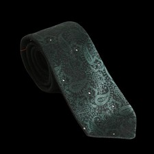 70s Vintage Jacquard Paisley Satin Necktie Dark Green Tonal Fractal Mod MicroDot