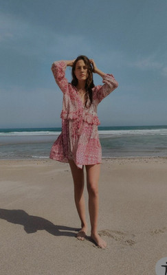 pink print mini dress Dolly White and Pink Flower Mini Dress - Size L - Fit and Flare with Front Tie Detail