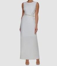 $229 Dkny Women White Beaded-Waist Fit-Flare Column Gown Dress Size 8