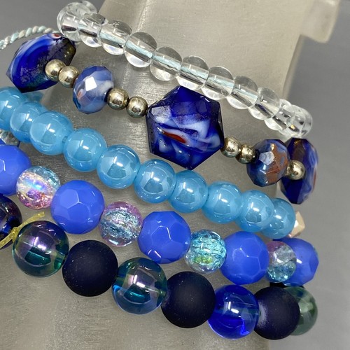 Blue Bracelet Lot of 5 Glass Beads Czech Givre Erimish Slide Stretch Transparent - Picture 3 of 15