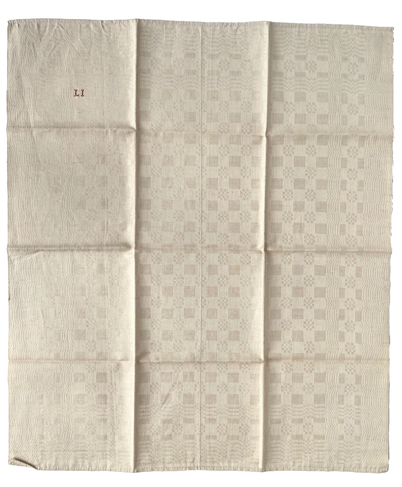 6 serviettes de table 1900 - 1930, lin damassé écru Initiales LI, linge table - Photo 2/4