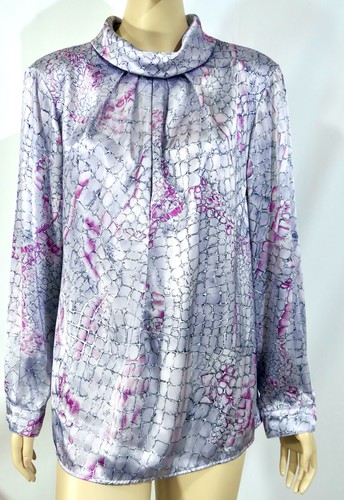 Blusa Vintage Años 80 Años 90 Brillo Brillante Poli Satén Cocodrilo Serpiente Rosa Capucha Plateada 18W - Imagen 3 de 7