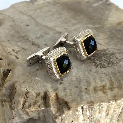 Judith Ripka Sterling Silver 925 18K Yellow Gold Faceted Black Onyx Cuff Links - Picture 2 of 24