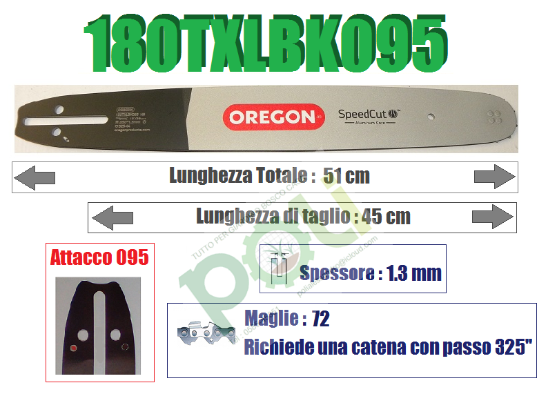 BARRA LAMA OREGON SPEEDCUT 180TXLBK095 45cm PASSO 325'' SPESSORE 1.3mm MAGLIE 72