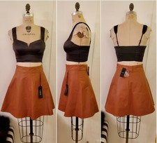 BEBE Leather Skirt Fit n Flare Circle Skrt Camel Brown Genuine Fashion Women's 6