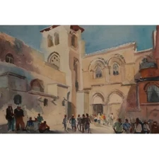 ORIGINAL Art Watercolour Cityscape Jerusalem Church 10.2x15" Tatiana Ilitzky