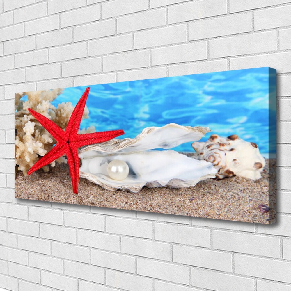 Coquilles et étoiles de mer tableau sur toile lin premium 125x50 cm
