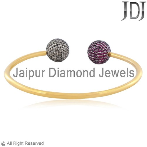 Natural Ruby Gemstone Pave Diamond 925 Sterling Silver Open Cuff Bangle Jewelry - Picture 3 of 3