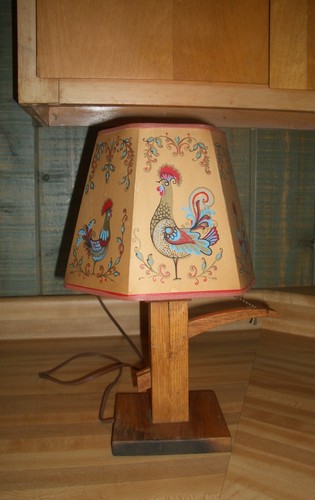 Vtg Hand Made Wood Hand Water Pump Table Lamp Rustic With Paper Rooster Shade - Picture 3 of 4