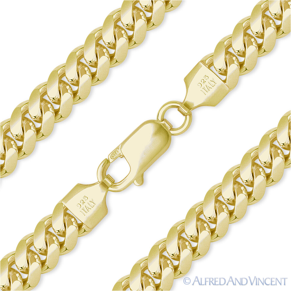 7mm Miami Cuban Link Sterling Silver 14k Yellow Gold-Plated Mens Chain  Necklace