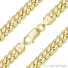 7mm Miami Cuban Link Sterling Silver 14k Yellow Gold-Plated Mens Chain Necklace