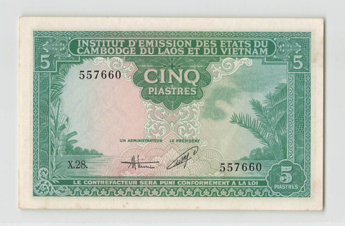 FRENCH INDO CHINA - VIETNAM 5 Piastres 1953, P-106, Original UNC X28 557660.  T7 - Picture 1 of 2