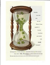 1951 Vintage Print Ad The Travelers Insurance Four Leaf Clovers in Hourglass