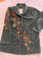 NWT Bob Mackie Womens Embroidered FALL LEAVES Jacket Size L GREEN Fleece Flannel