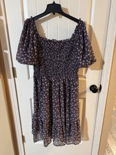 Lauren Conrad Plus Size OX (14W) Navy Blue Pink Floral Shirred Top Lined Dress