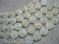19 - 10mm White Opal Gold Snail Shell Swirl Spiral Coin Czech Glass Beads