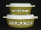 PYREX - 4 pc. - #043-045 Green & White SPRING BLOSSOM GREEN Casserole, Lid Set