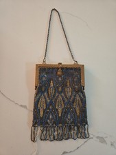 Antique 1920s Art Deco Micro Beaded Purse Evening Bag Flapper Blue Gold...