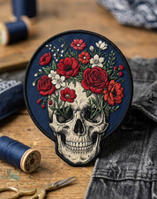 Floral Skull Embroidered Patch Iron On Botanical Gothic Jacket Vest Backpack