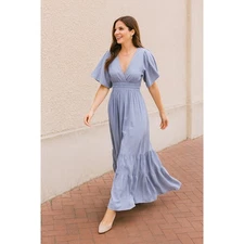 Ricarica Maxi Dress Blue V Neck Smocked Waist Short Sleeve Tiered Skirt Women L