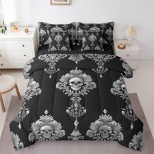 Adults 7 Pcs Sugar Skull Comforter Set Queen,Boho Black Damask Skeleton Bed i...