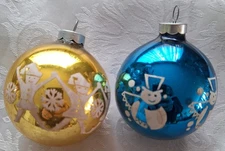 Lot Of 2 Vintage Older Shiny Brite Stenciled Ornaments Snowman Elves