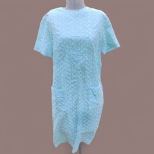 Vintage 60s Blue Floral House Dress Short Sleeve Pockets Cotton Blend M-L