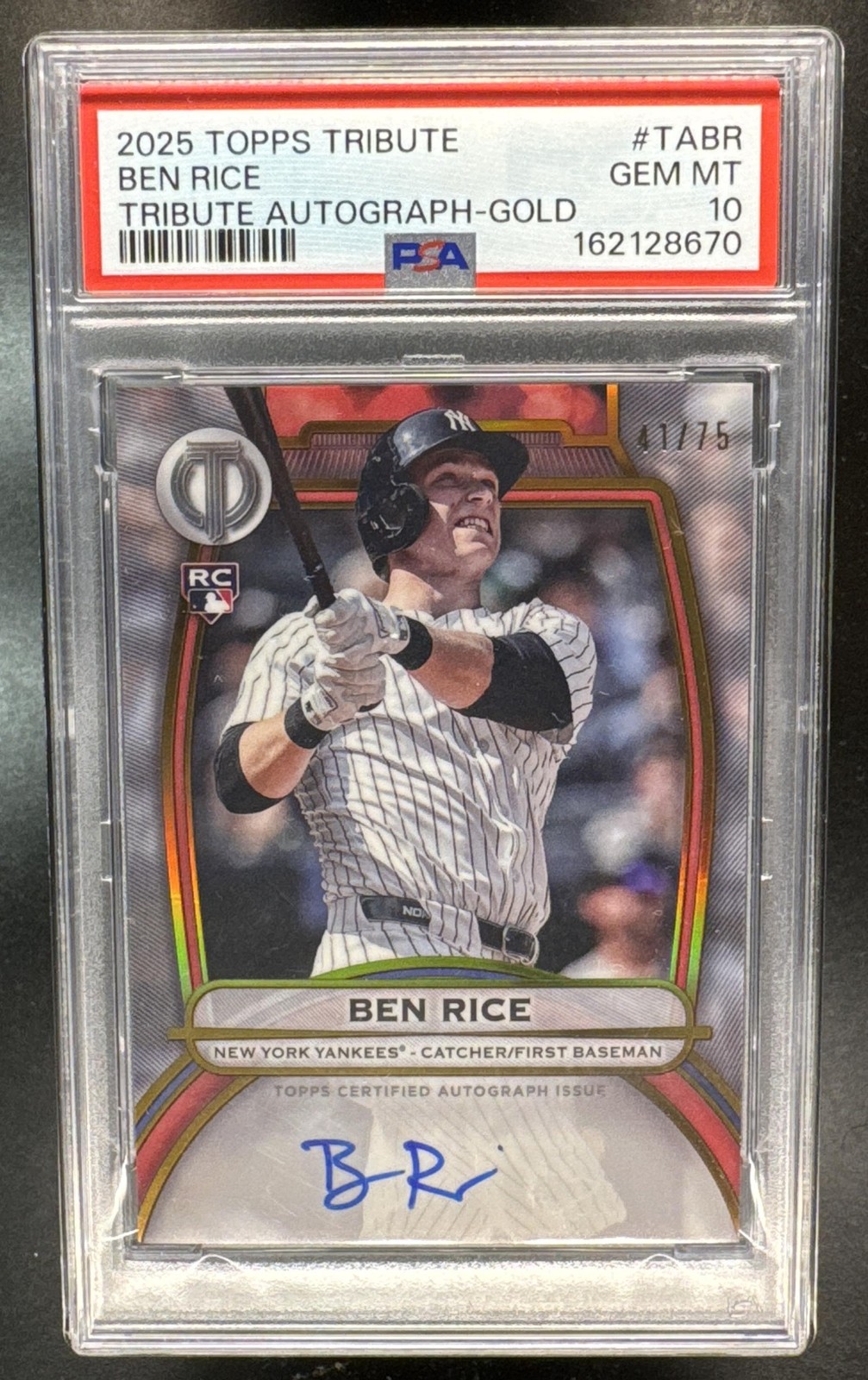 2025 Topps Tribute Ben Rice #TA-BR Auto Gold 41/75 RC Yankees PSA 10