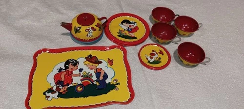 Vintage Ohio Art Tin Litho Toy Tea Set Tray Teacups Saucers Plates Teapot  1940