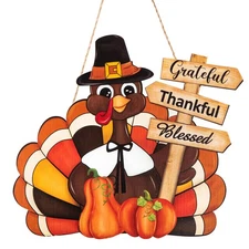 Thanksgiving Decoration Wooden Turkey Pumpkin Door Wreath for Front Door Sign...