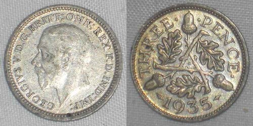 1935 Great Britain Three Pence Silver Coin King George V KM #831 VF+++