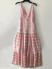 LOVESHACKFANCY Plaid Pleated Lace Pink White Maxi Dress 2 New