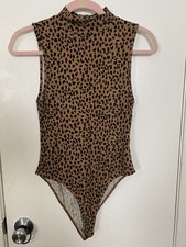 Forever 21 Mock Neck Leopard Animal Print Bodysuit Sleeveless Top Brown L