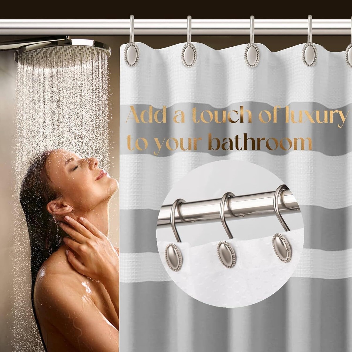 12-Pack Silver 3D Beaded Shower Curtain Hooks - Rust-Proof Metal Rings For Standard Rods, Bathroom Decor