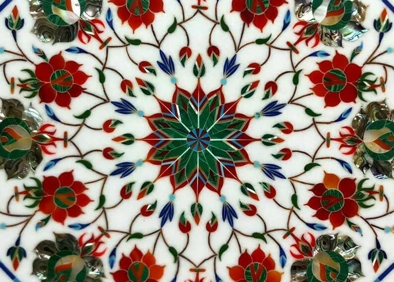 15" Marble Side End Table handmade floral art inlay semi precious stones work - Image 2 of 4