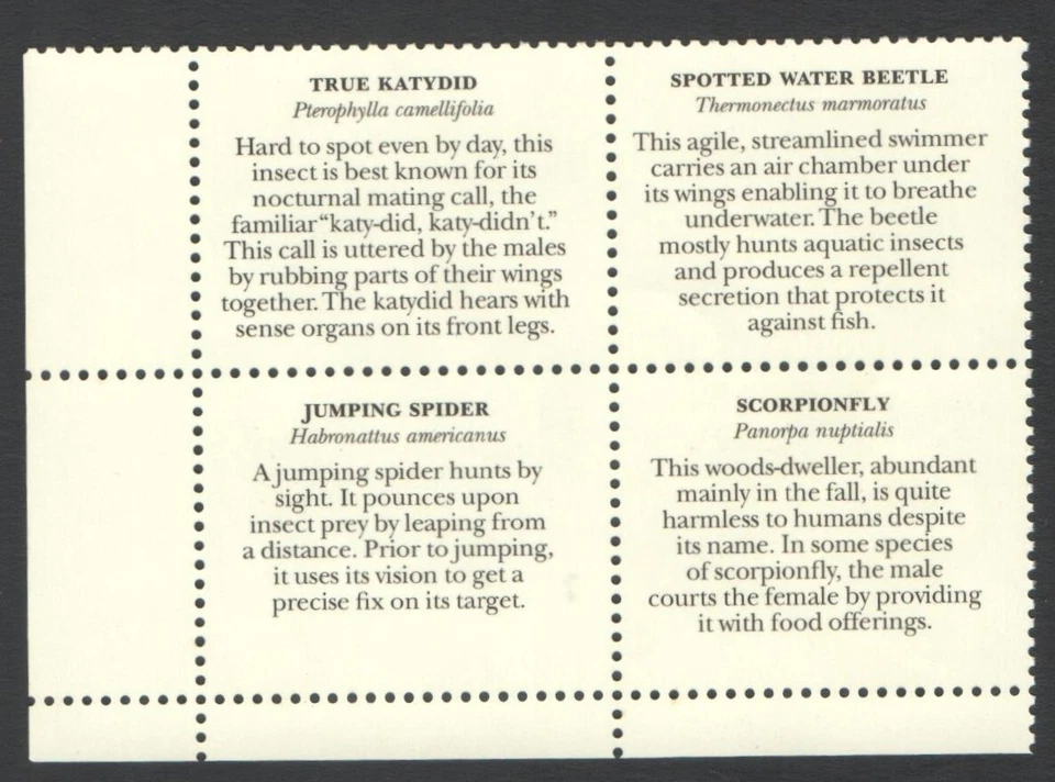 Unused US Postage Block 33 Cent Stamps INSECTS & SPIDERS Jumping Spider Scorpion - Image 2 of 2