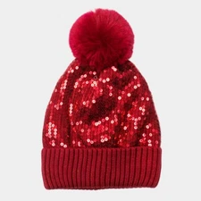 NEW Red Shiny Sequin Embroidered Fold Over Beanie Hat w/ Large Fluffy Pom Pom