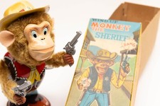 Vintage Tin Litho Monkey THe Sheriff Wind UP Toy W Box Rare Japan