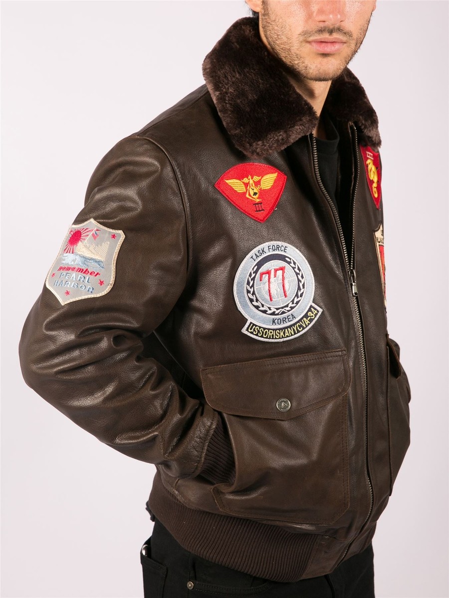 Herren Lederjacke Bomber US Schwarz Militär Aviator Jacke