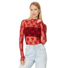 Free People Lady Lux Long Sleeve Mock Neck Shirt Women's XS Red Racer Pullover