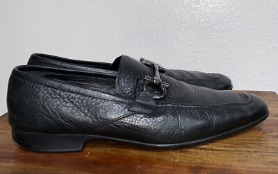 Salvatore Ferragamo Gancini Black Pebbled Leather Loafer 