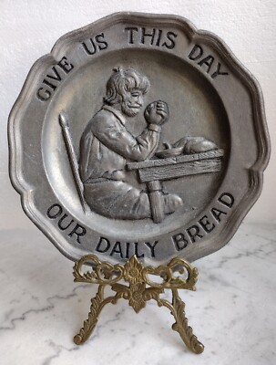Vintage Enesco Pewter Platter - ''Give Us This Day Our Daily Bread'' -...