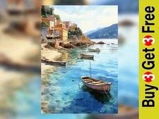 Serene Mediterranean Charm: Rowboat Watercolor Painting Print 5"x7"