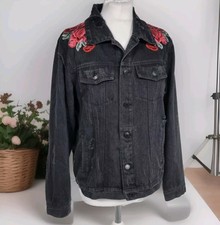 Ci Sono Black Distressed Denim Oversized Jacket Embroidered Roses Size S