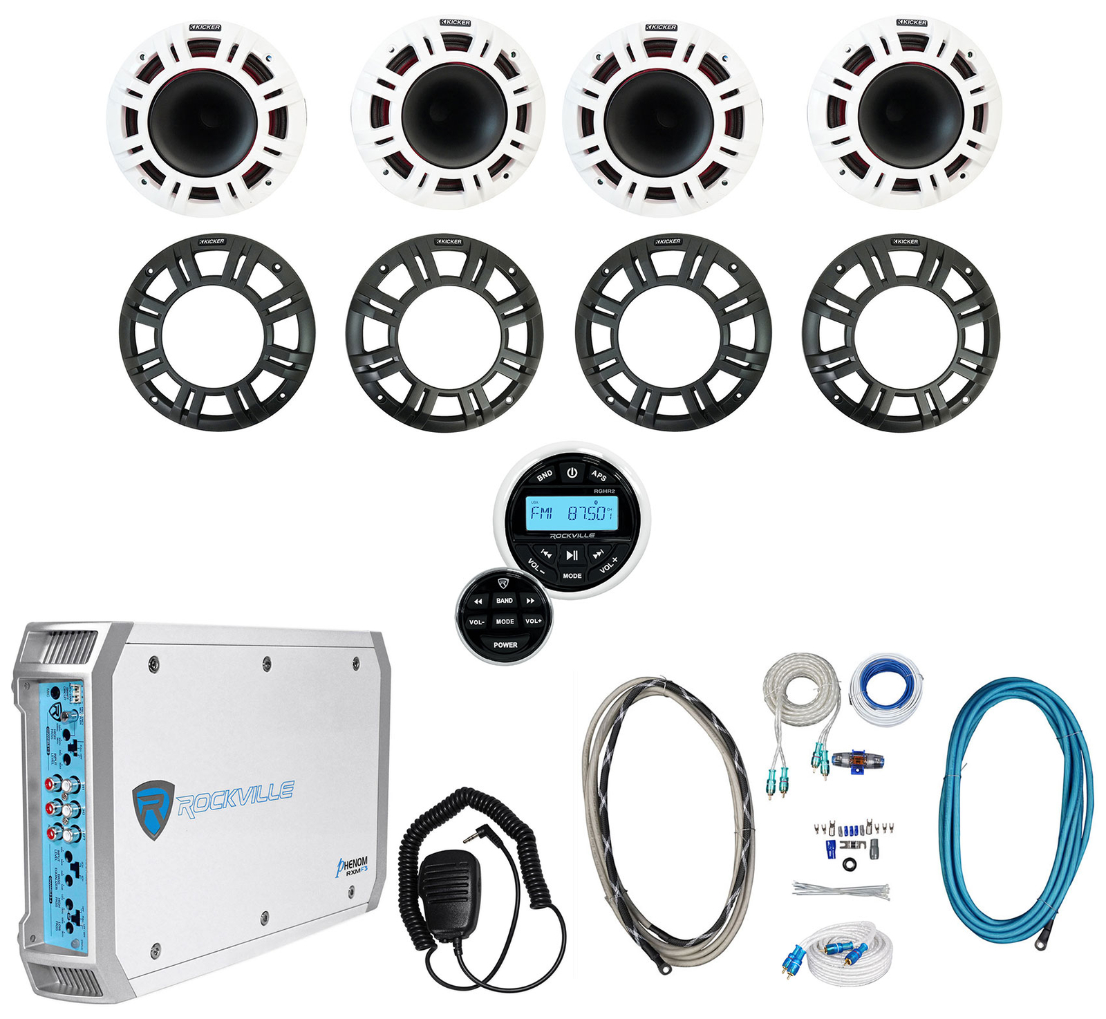 4 Морские колонки KICKER 48KMXL654 мощностью 300 Вт 65 Вт со светодиодной подсветкой Приемник Усилитель KMXL65 192490₽