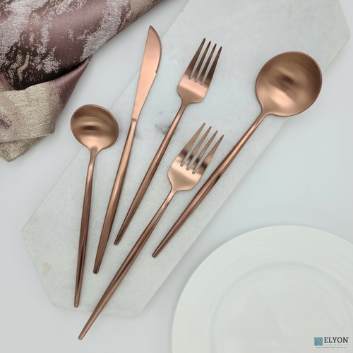 20 Piece Matte Copper Flatware Set Stainless Steel Thin Handles Service For 4 - Picture 2 of 5